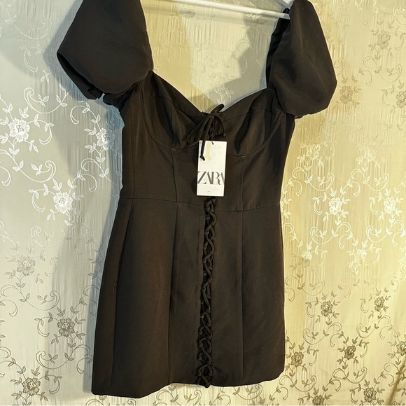 ZARA Black Puff Sleeve Corset Tie Criss Cross Mini Dress Cocktail MEDIUM NWT - Picture 5 of 11